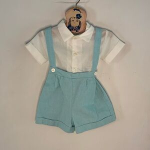 Vintage Brights Creek one piece light blue and white romper with suspenders